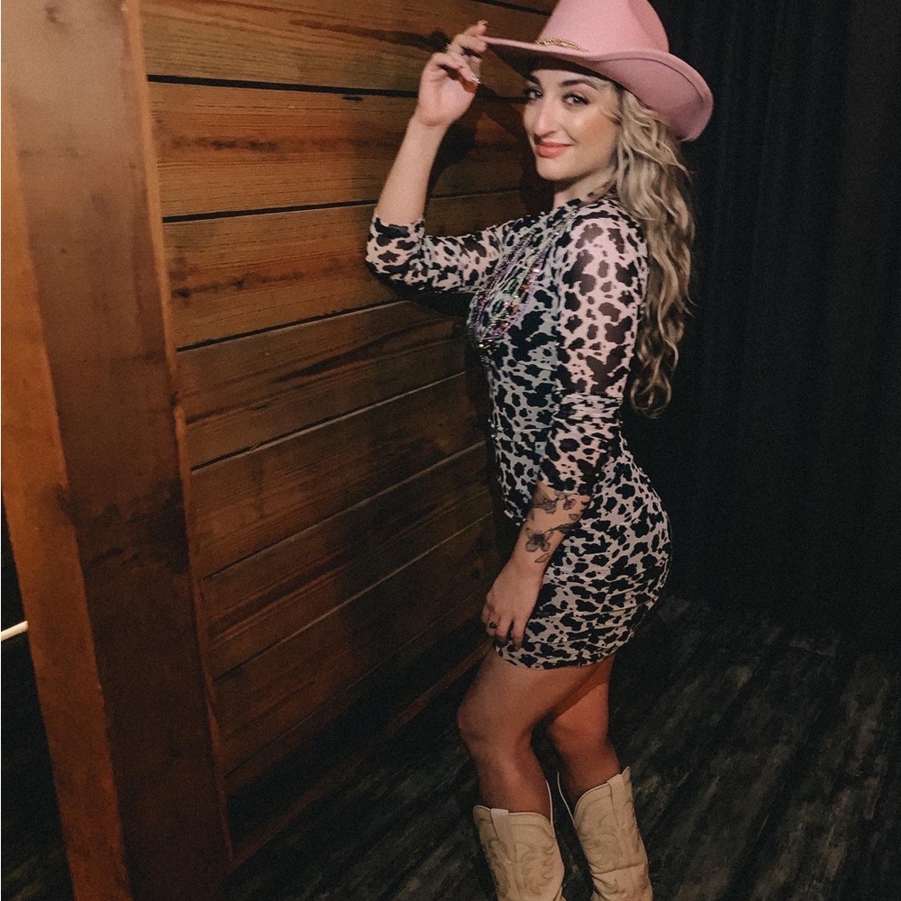 Cow print long sleeve mini dress